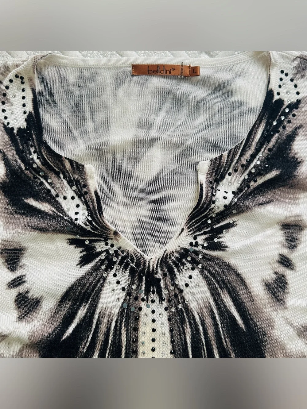 Belldini Long Sleeve Tie-Dye Tunic Top - Black & Brown & White